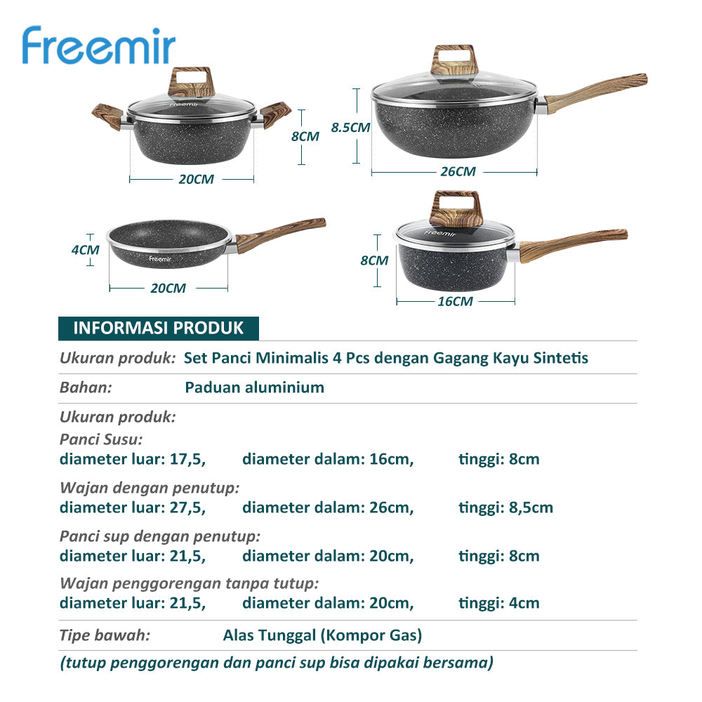 freemir Set 7 Pcs Wajan Panci 26/20/20/16 Cm Anti Lengket Marble Lapisan Granit Kombinasi Alat Masak Lengkap