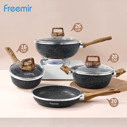 freemir Set Panci Wajan Anti Lengket 4 Pcs 26/20/20/16 CM dengan Tutup Kaca Gagang Kayu Multifungsi