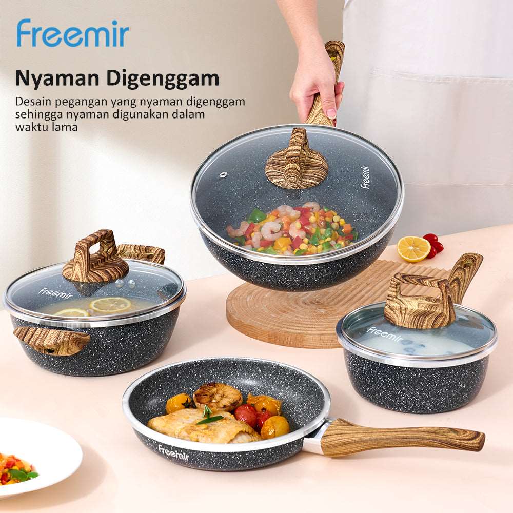 freemir Set 7 Pcs Wajan Panci 26/20/20/16 Cm Anti Lengket Marble Lapisan Granit Kombinasi Alat Masak Lengkap