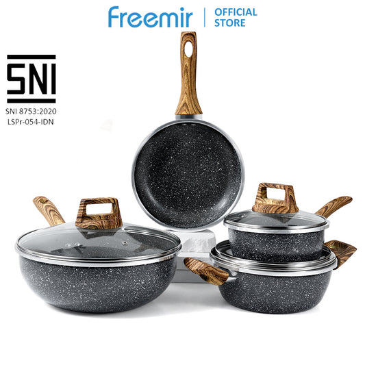 Freemir 4 Pcs Non-Stick Pans and Frying Pans Set 26/20/20/16 CM with Glass Lid and Wooden Handle Multifunction