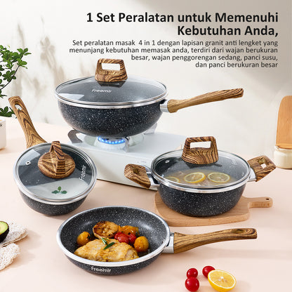freemir Set Panci Wajan Anti Lengket 4 Pcs 26/20/20/16 CM dengan Tutup Kaca Gagang Kayu Multifungsi