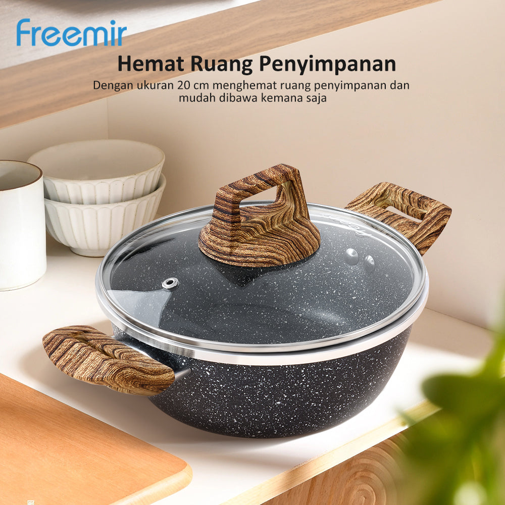 Panci dengan Dua Pegangan 20 CM Single Bottom dengan Tutup Kaca