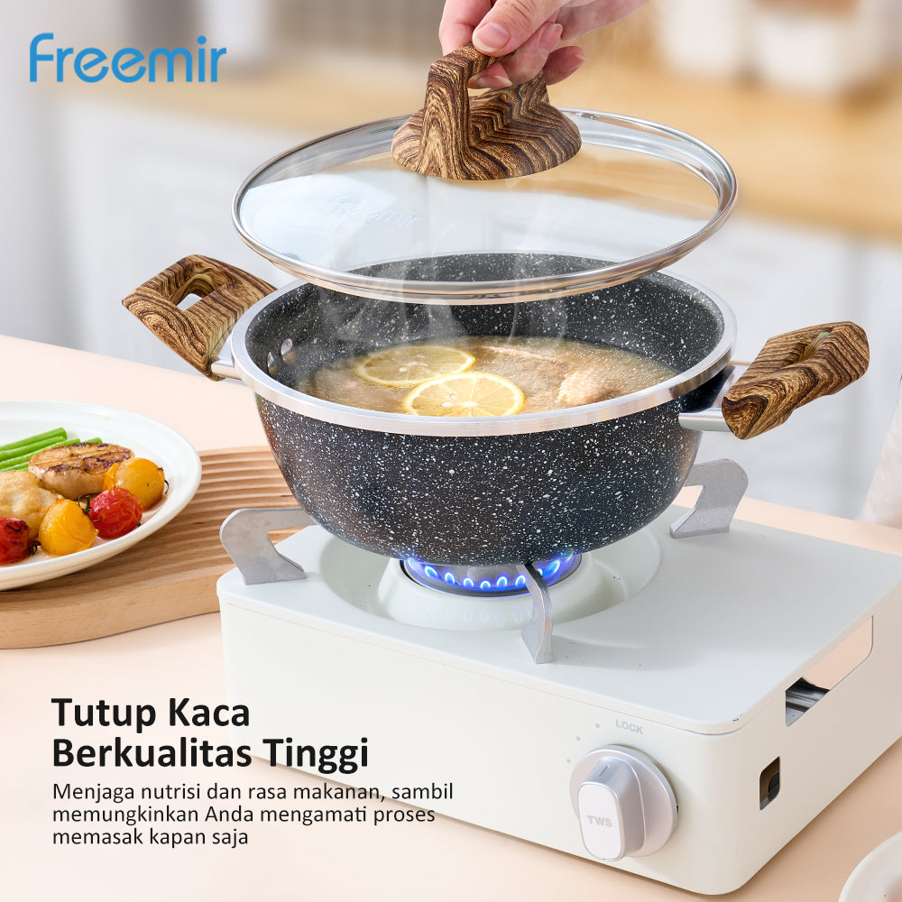 Panci dengan Dua Pegangan 20 CM Single Bottom dengan Tutup Kaca