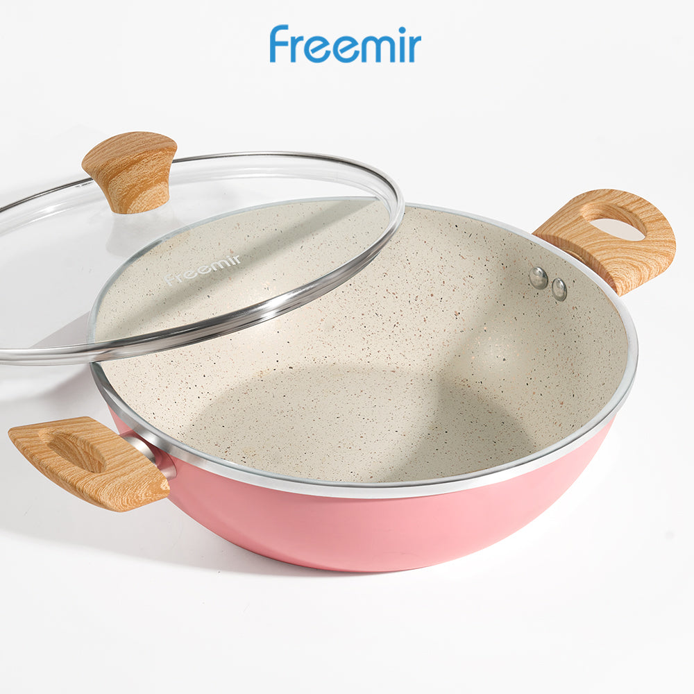 freemir Wajan Kuping 26 CM Double Bottom Anti Lengket dengan Tutup Kaca (Pink)
