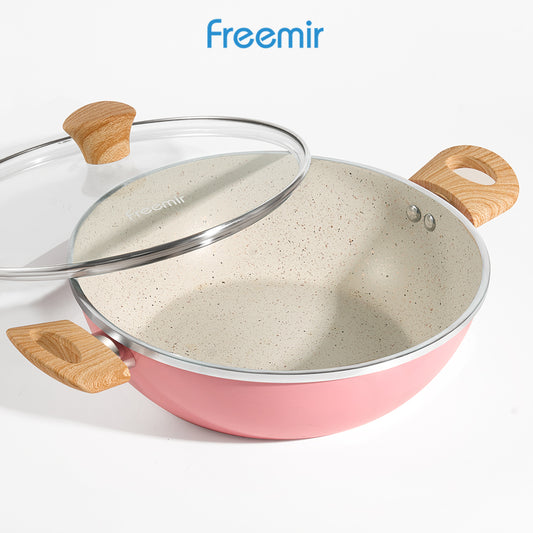 freemir Wajan Kuping 26 CM Double Bottom Anti Lengket dengan Tutup Kaca (Pink)