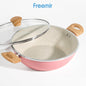 freemir 26 CM Double Bottom Non-stick Wok Pan with Glass Lid (Pink)