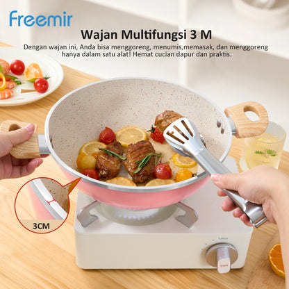 freemir 26 CM Double Bottom Non-stick Wok Pan with Glass Lid (Pink)