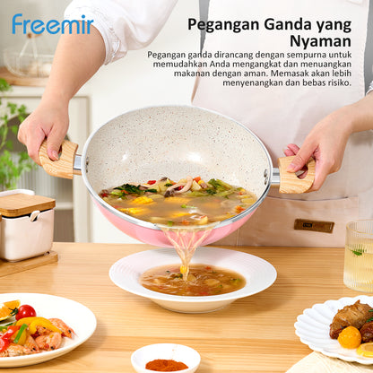 freemir 26 CM Double Bottom Non-stick Wok Pan with Glass Lid (Pink)