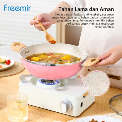 freemir 26 CM Double Bottom Non-stick Wok Pan with Glass Lid (Pink)