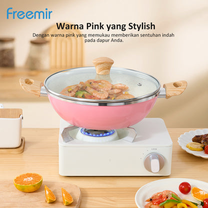 freemir 26 CM Double Bottom Non-stick Wok Pan with Glass Lid (Pink)
