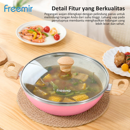 freemir 26 CM Double Bottom Non-stick Wok Pan with Glass Lid (Pink)