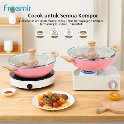 freemir 26 CM Double Bottom Non-stick Wok Pan with Glass Lid (Pink)