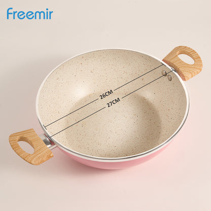freemir 26 CM Double Bottom Non-stick Wok Pan with Glass Lid (Pink)