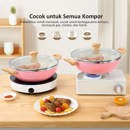 freemir 26 CM Double Bottom Non-stick Wok Pan with Glass Lid (Pink)