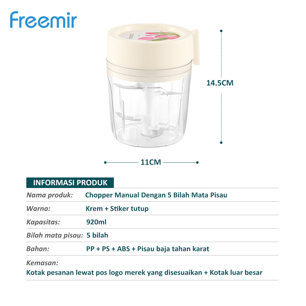 (PRE-ORDER) freemir Chopper 5 Mata Pisau Alat Penggiling Penghalus Pencincang Daging & Bumbu Blender Manual Stainless Serbaguna 920ML