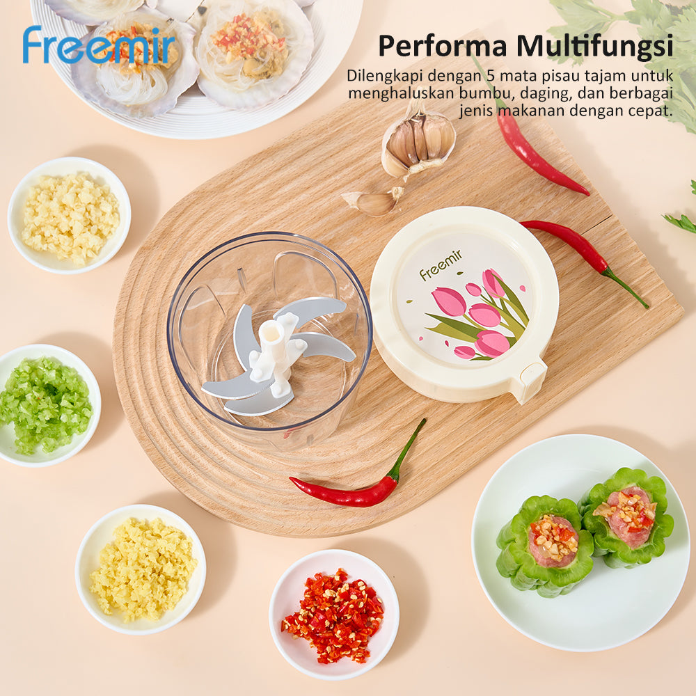 (PRE-ORDER) freemir Chopper 5 Mata Pisau Alat Penggiling Penghalus Pencincang Daging & Bumbu Blender Manual Stainless Serbaguna 920ML