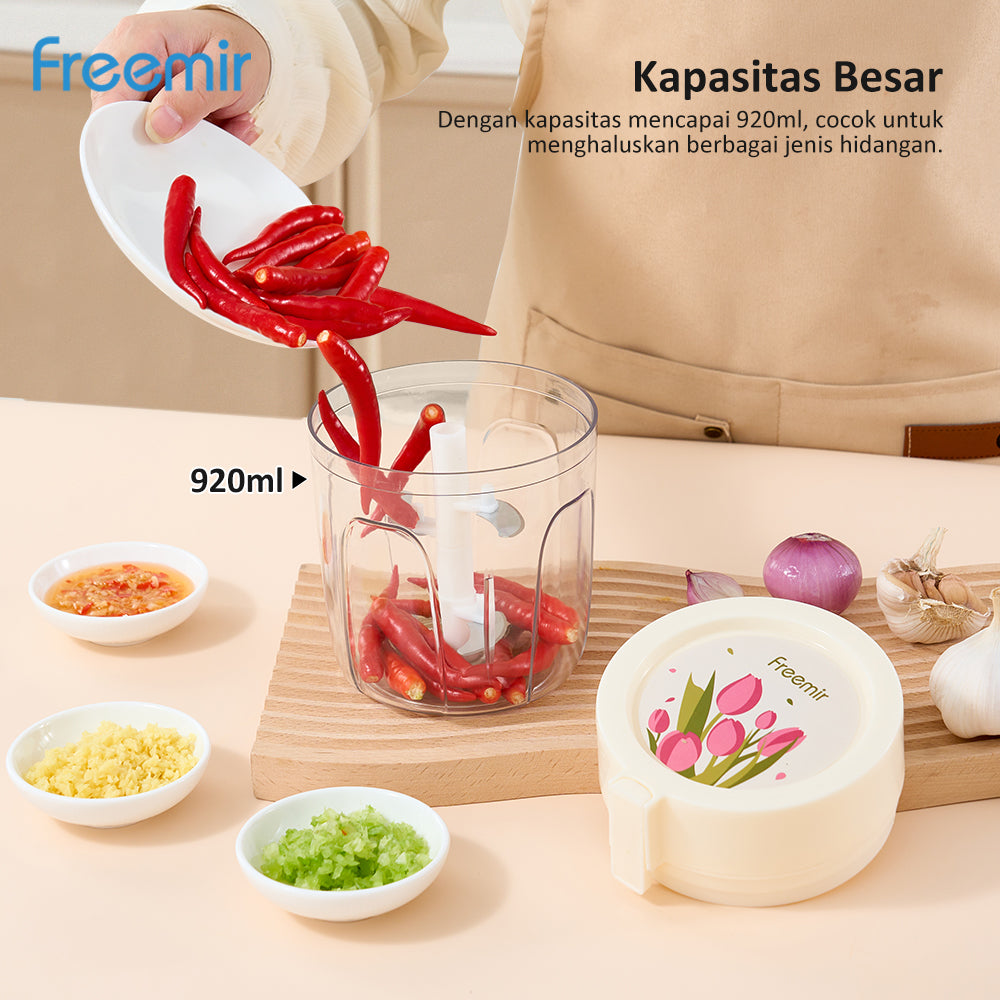 (PRE-ORDER) freemir Chopper 5 Mata Pisau Alat Penggiling Penghalus Pencincang Daging & Bumbu Blender Manual Stainless Serbaguna 920ML