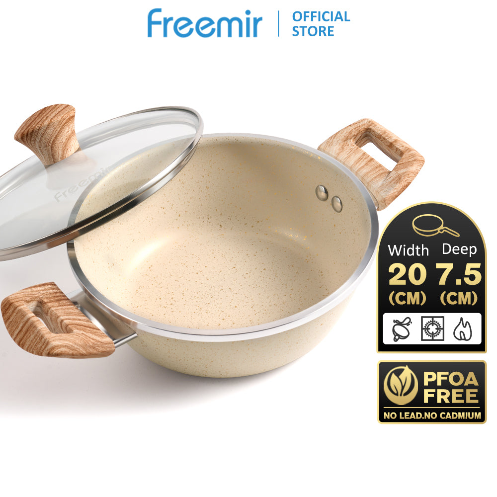 freemir 20cm Single Bottom Non-Stick Frying Pan with Glass Lid and Two Wooden Handles