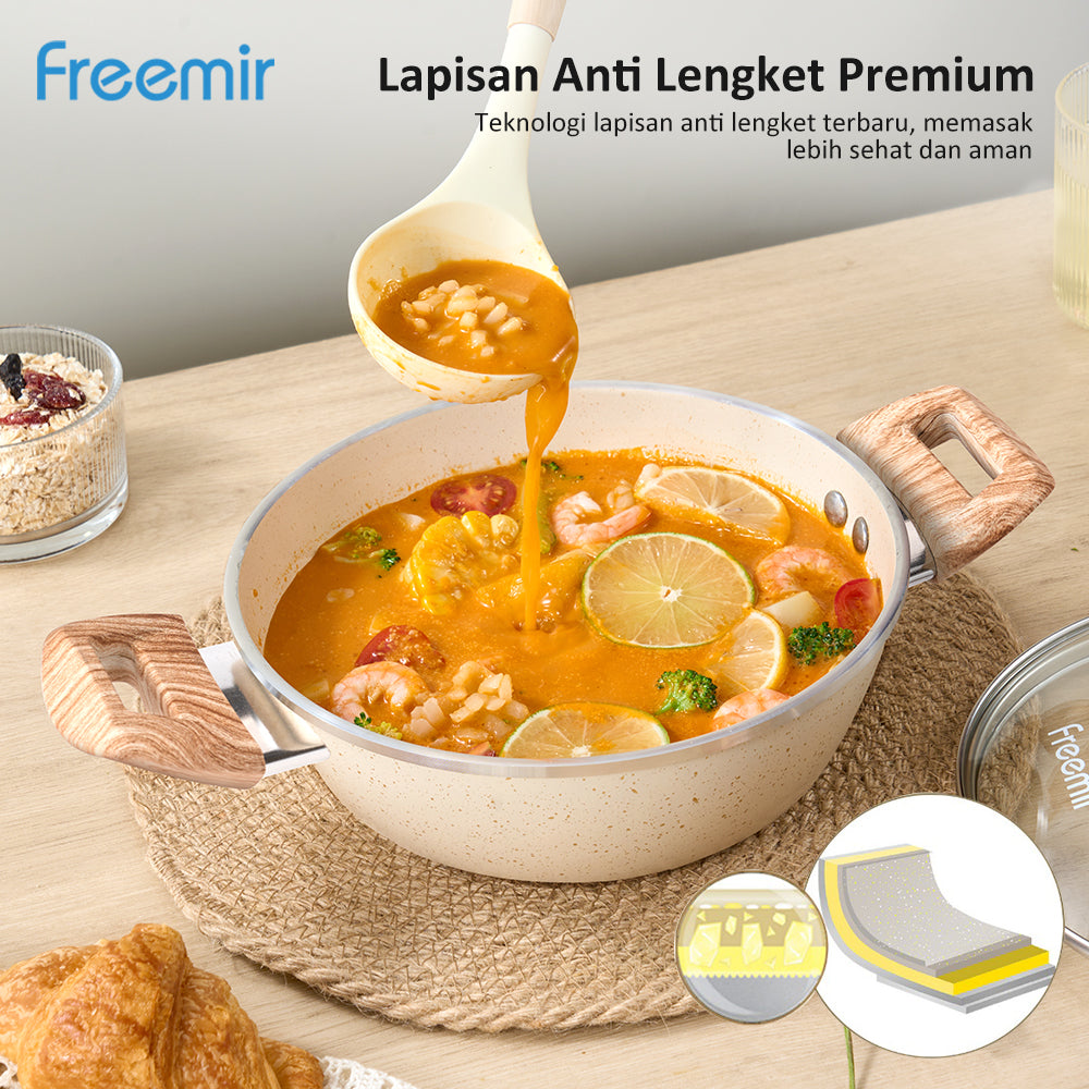 Freemir Panci Sup Anti Lengket 20cm Single Bottom dengan Tutup Kaca dan Dua Gagang Kayu