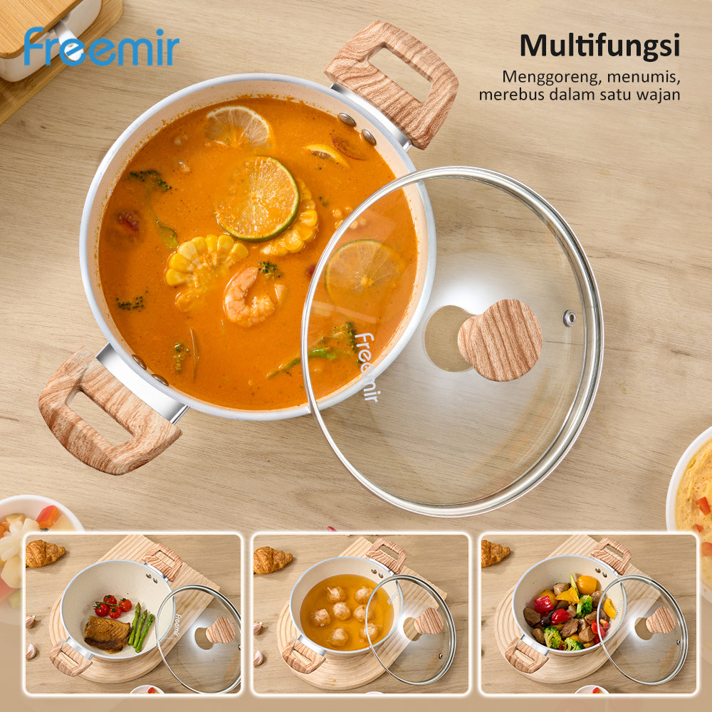 Freemir Panci Sup Anti Lengket 20cm Single Bottom dengan Tutup Kaca dan Dua Gagang Kayu