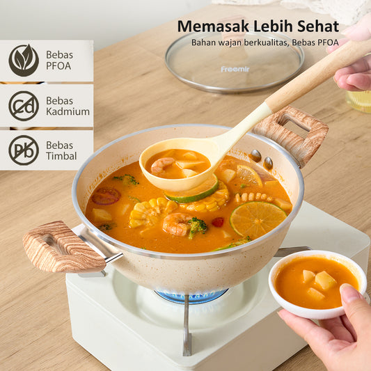 Freemir Panci Sup Anti Lengket 20cm Single Bottom dengan Tutup Kaca dan Dua Gagang Kayu