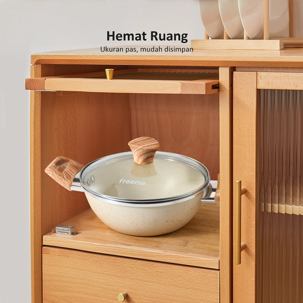 Freemir Panci Sup Anti Lengket 20cm Single Bottom dengan Tutup Kaca dan Dua Gagang Kayu