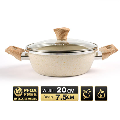 freemir 20cm Single Bottom Non-Stick Frying Pan with Glass Lid and Two Wooden Handles