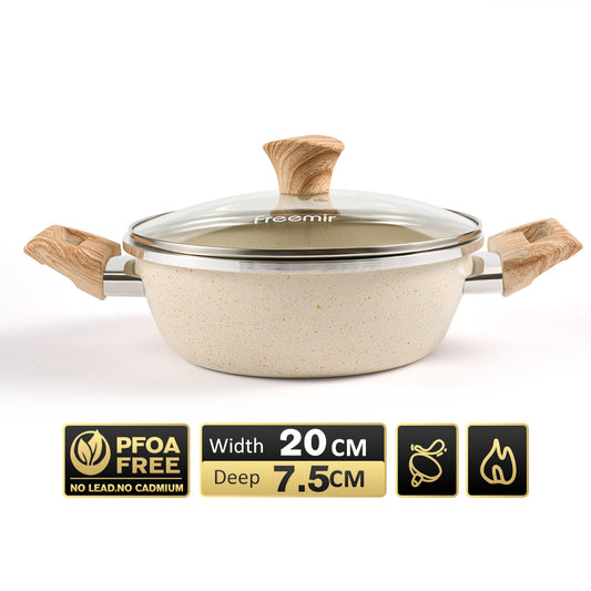 freemir Panci Anti Lengket 20cm Single Bottom dengan Tutup Kaca dan Dua Gagang Kayu