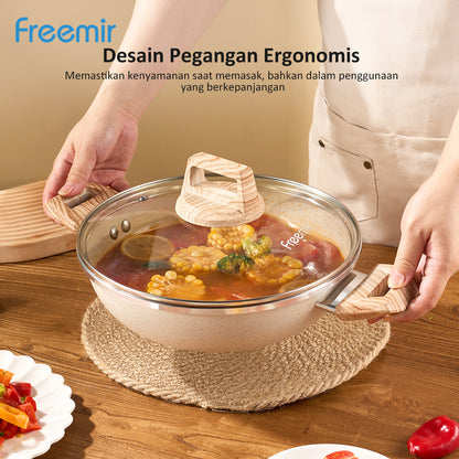 freemir Nonstick Wok Pan Two Handles Single Bottom 24 CM with Glass Lid