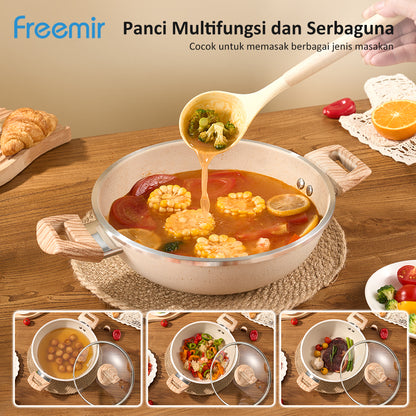 freemir Nonstick Wok Pan Two Handles Single Bottom 24 CM with Glass Lid