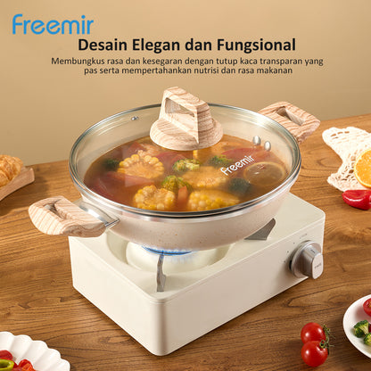freemir Nonstick Wok Pan Two Handles Single Bottom 24 CM with Glass Lid