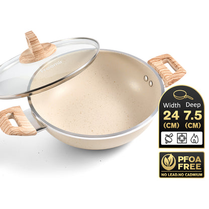 freemir Nonstick Wok Pan Two Handles Single Bottom 24 CM with Glass Lid