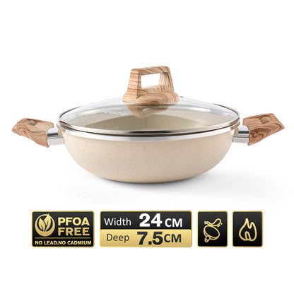 freemir Nonstick Wok Pan Two Handles Single Bottom 24 CM with Glass Lid