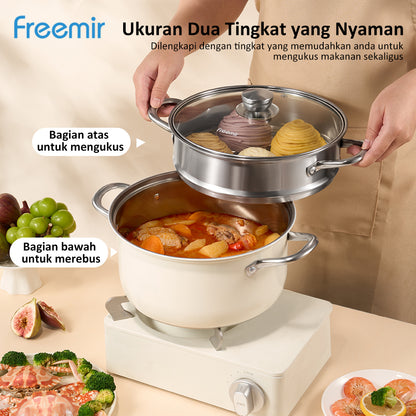freemir 24 CM Single Bottom Double Layer Steamer with Glass Lid