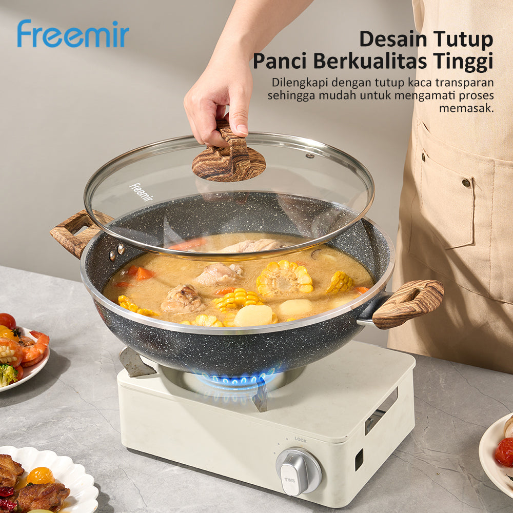 Freemir Wajan Aluminium Single Bottom 30 CM dengan Dua Pegangan dan Tutup Kaca Tempered