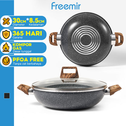 freemir 30 CM Single Bottom Aluminum Pan with Two Handles and Tempered Glass Lid
