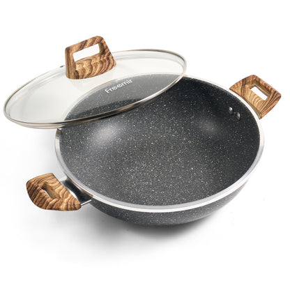 freemir 30 CM Single Bottom Aluminum Pan with Two Handles and Tempered Glass Lid