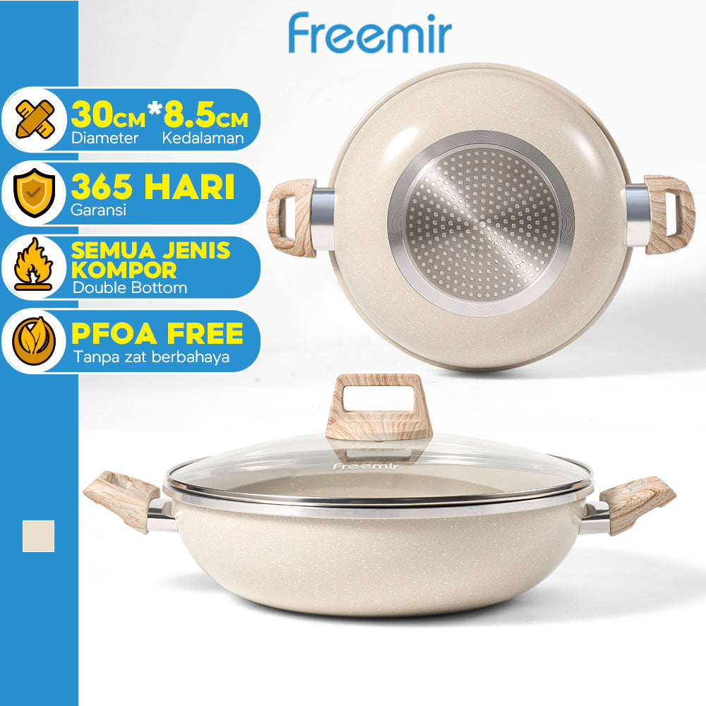 freemir Wajan Dua Pegangan 30 CM Single Bottom dengan Tutup Kaca