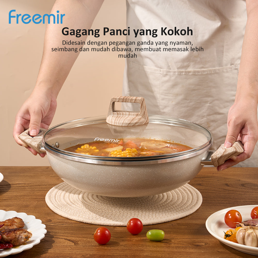 Freemir Wajan Dua Pegangan 30 CM Single Bottom dengan Tutup Kaca