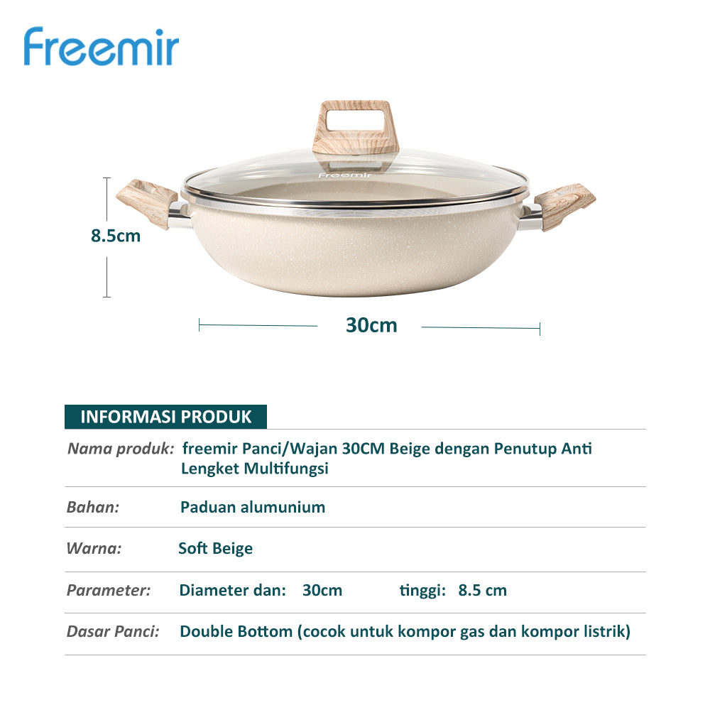 freemir Paket Lengkap Wajan & Panci Anti Lengket Beige Double Bottom