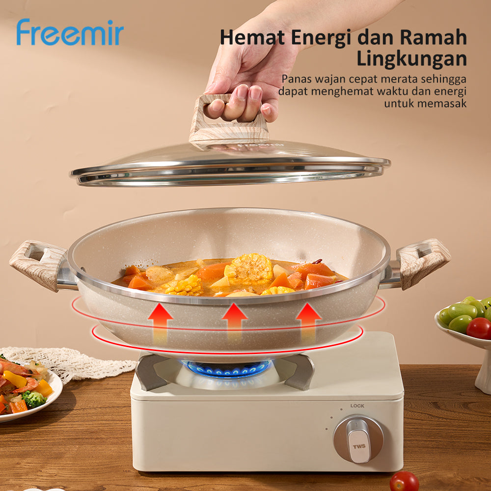 Freemir Wajan Dua Pegangan 30 CM Single Bottom dengan Tutup Kaca