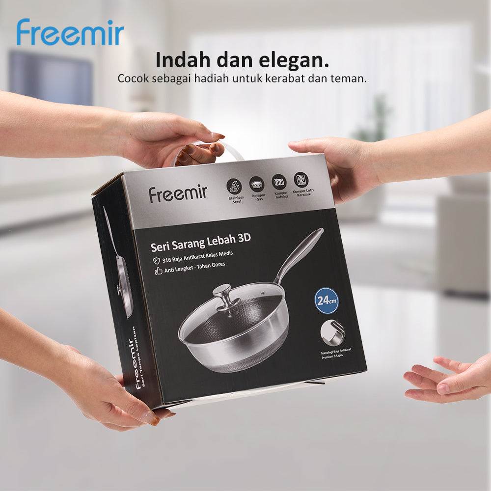 Freemir Wajan Penggorengan Honeycomb 24 CM Anti Lengket Double Bottom dengan Tutup Kaca