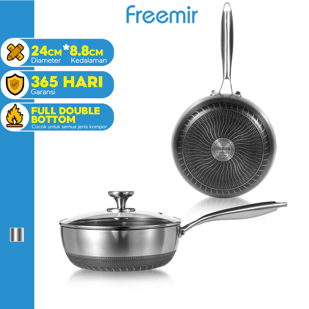 Freemir 24 CM Honeycomb Frying Pan with Non-Stick Double Bottom and Glass Lid
