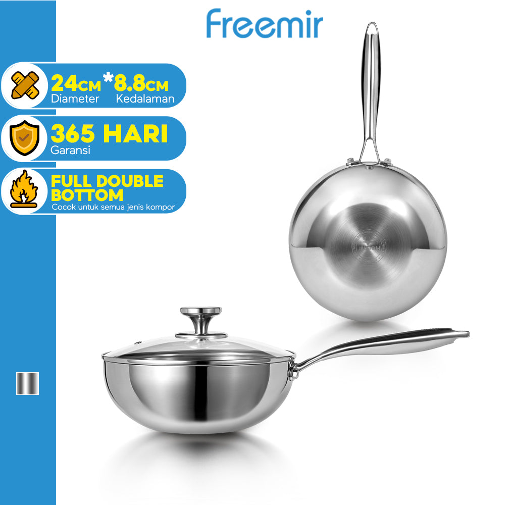 freemir 24 CM Double Bottom Stainless Steel Frying Pan with Glass Lid
