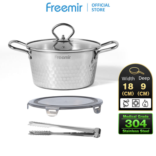 Freemir Snow Series 304 Stainless Steel Pan with Glass Lid and Stainless Steel Tongs