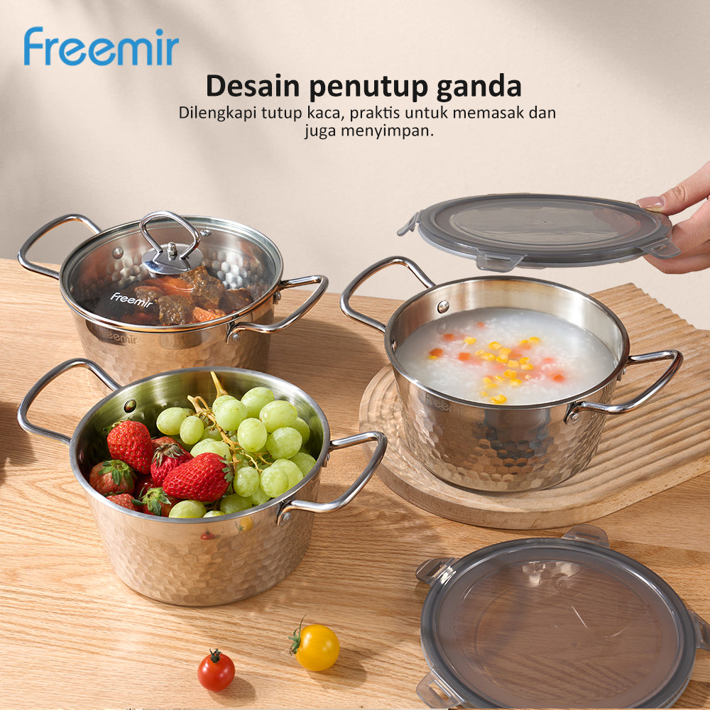 freemir Panci Stainless Steel 304 Seri Snow dengan Tutup Kaca dan Penjepit Stainless