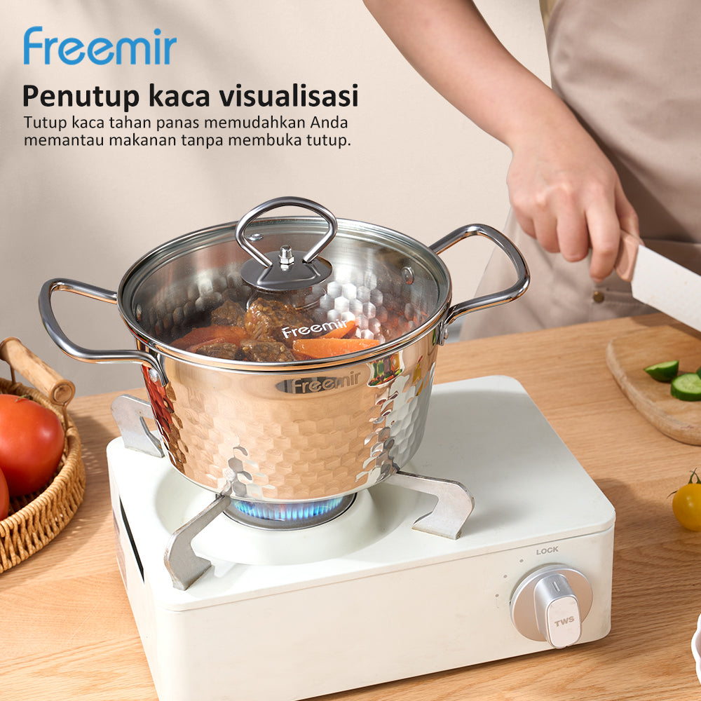 freemir Panci Stainless Steel 304 Seri Snow dengan Tutup Kaca dan Penjepit Stainless