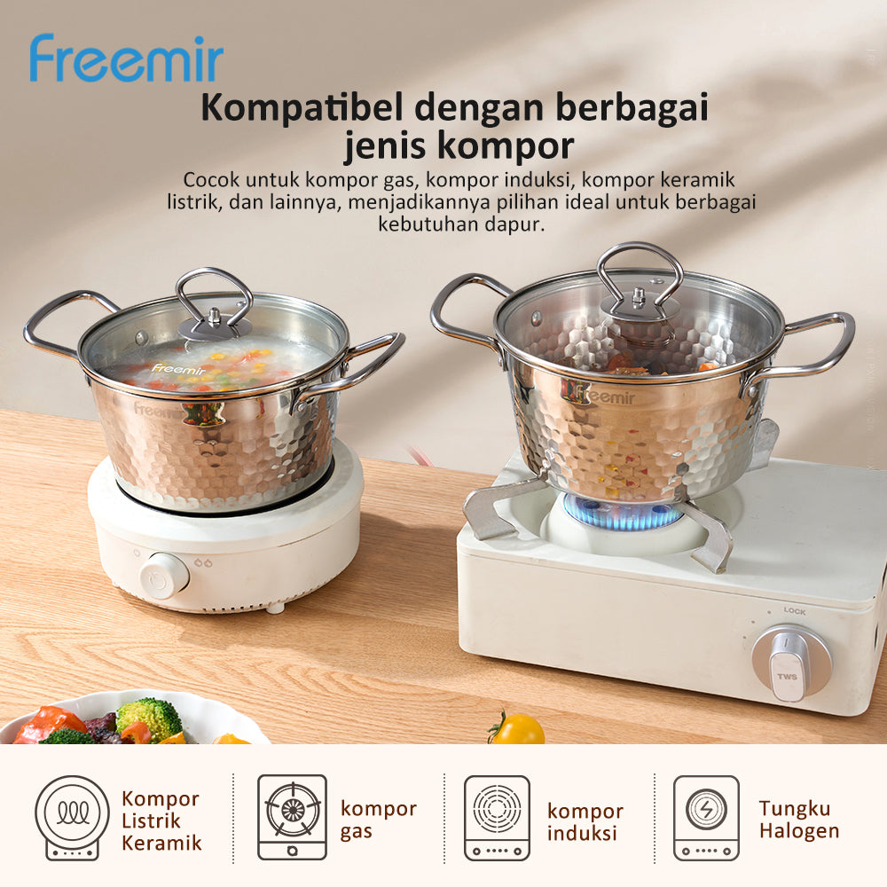 freemir Panci Stainless Steel 304 Seri Snow dengan Tutup Kaca dan Penjepit Stainless