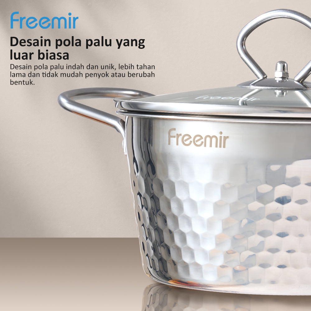 freemir Panci Stainless Steel 304 Seri Snow dengan Tutup Kaca dan Penjepit Stainless