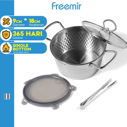 freemir Panci Stainless Steel 304 Seri Snow dengan Tutup Kaca dan Penjepit Stainless